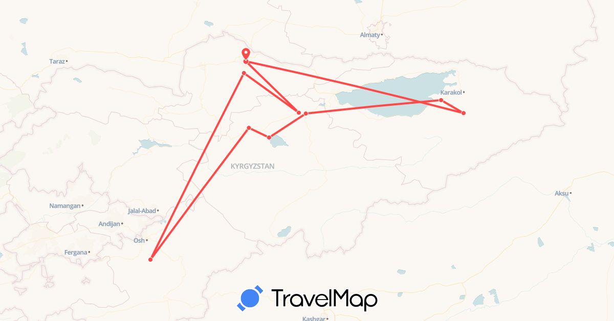 TravelMap itinerary: driving, hiking in Kyrgyzstan (Asia)